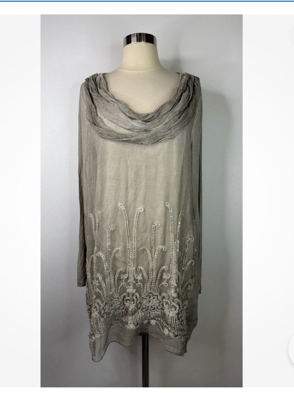Soft Surroundings 100% silk Draped Cowl Tunic with Embroidered Hem